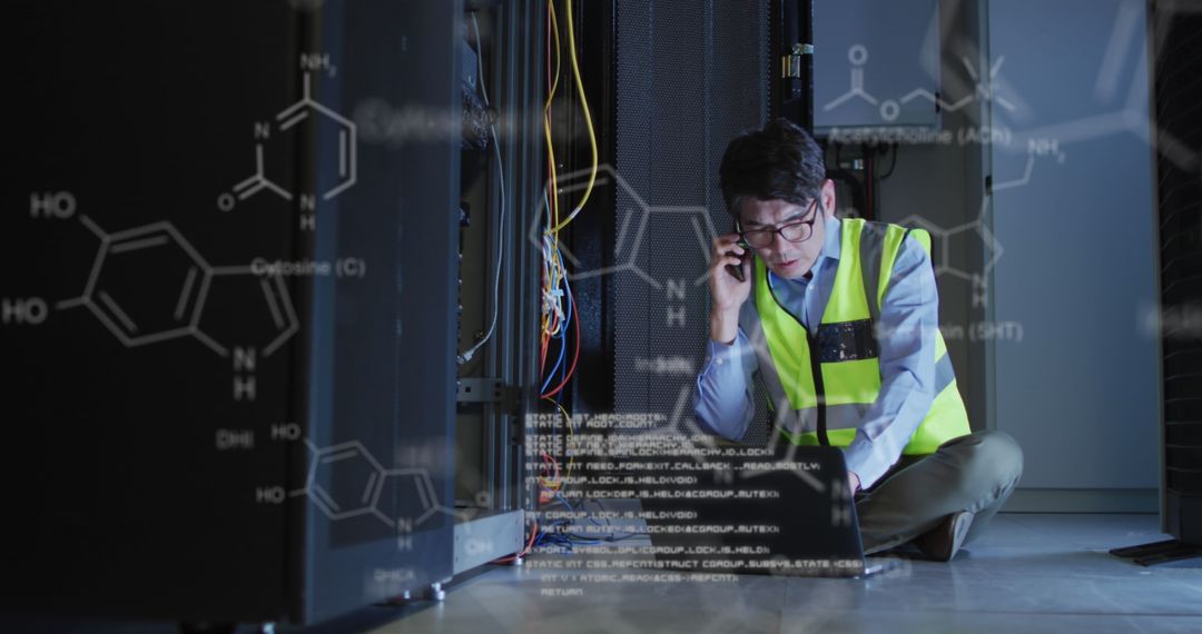 Engineer Analyzing Medical Data in Server Room Environment