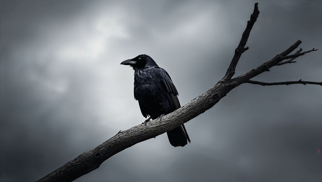 Sleek Crow Perching on Bare Branch Against Overcast Sky