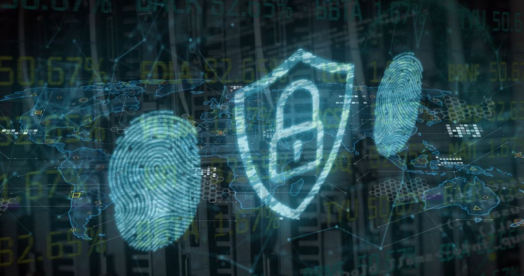 Rotating Cybersecurity Shield with Fingerprints and Global Network Map