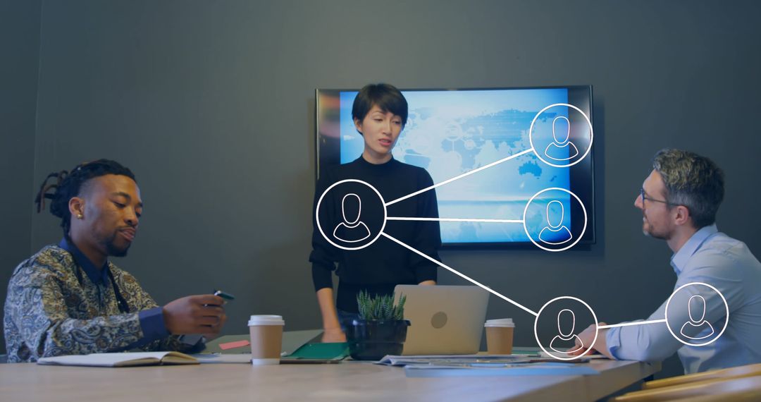 Colleagues Discussing with Digital Network Overlay in Office Setting