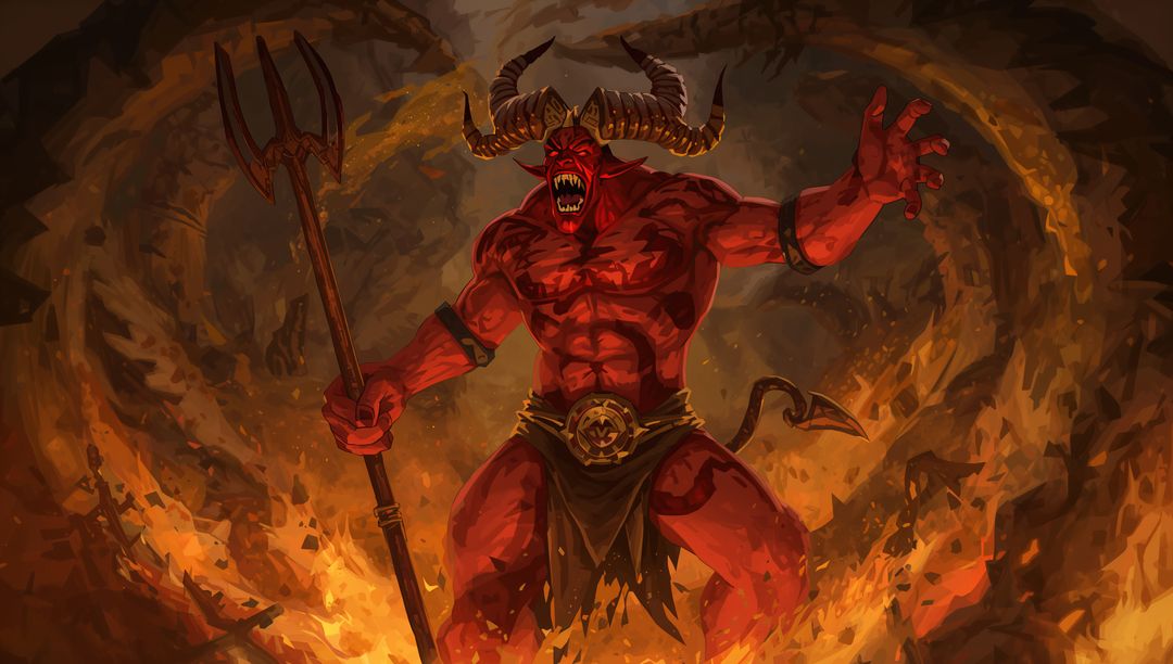 Ferocious Crimson Demon with Trident in Fiery Abyss