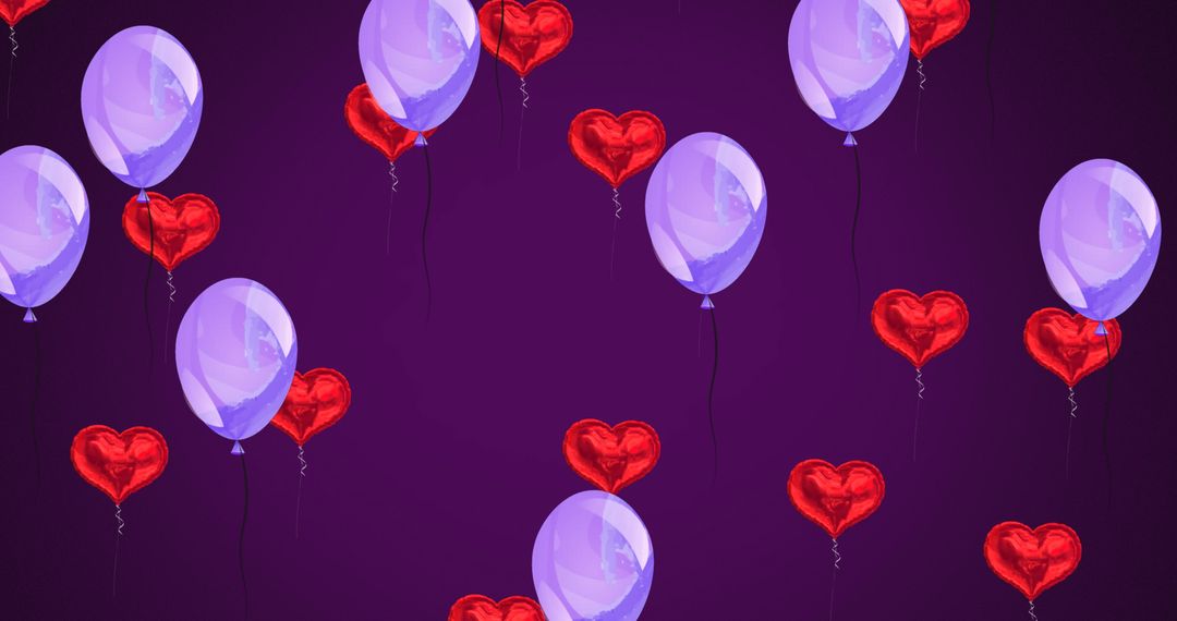 Heart-Shaped Balloons and Circular Balloons on Purple Background