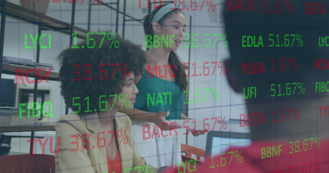 Diverse Team Analyzing Financial Data with Interface Overlay