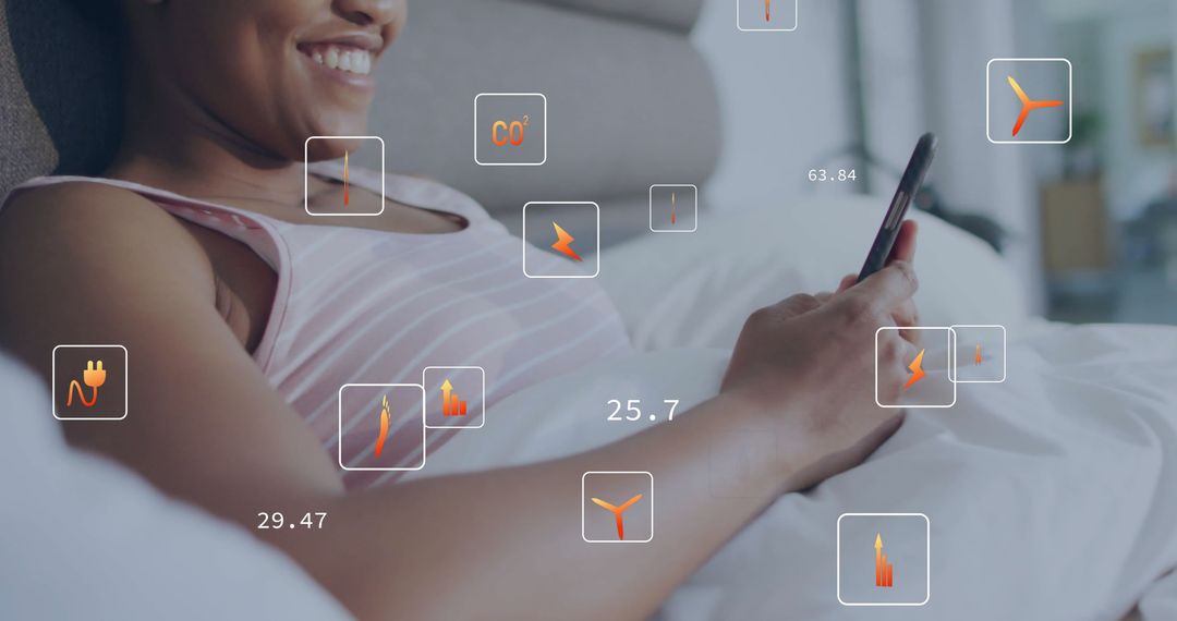 Woman Using Smartphone with Eco Symbols and Energy Metrics Overlay