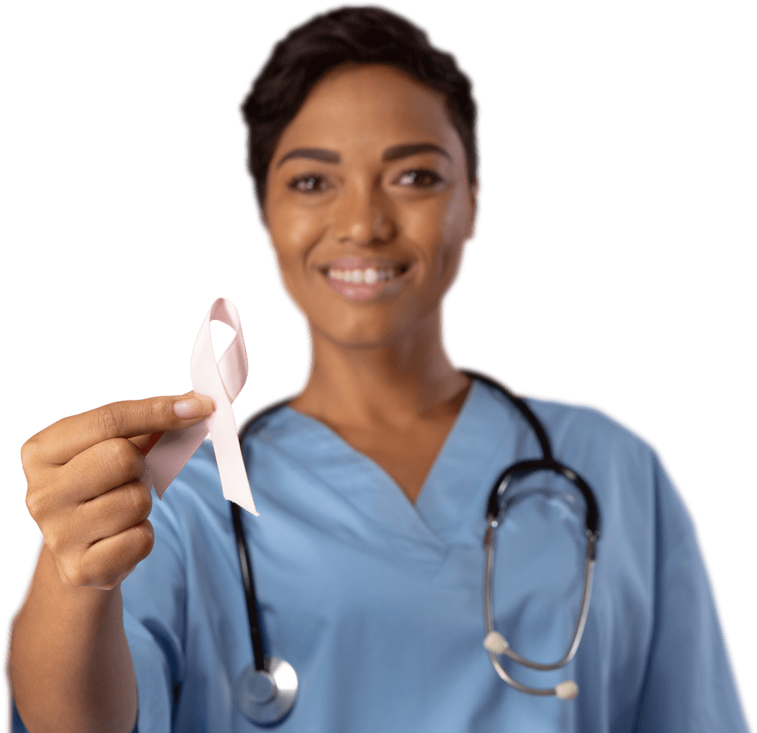 Smiling Nurse Presenting Transparent Pink Awareness Ribbon Close-up