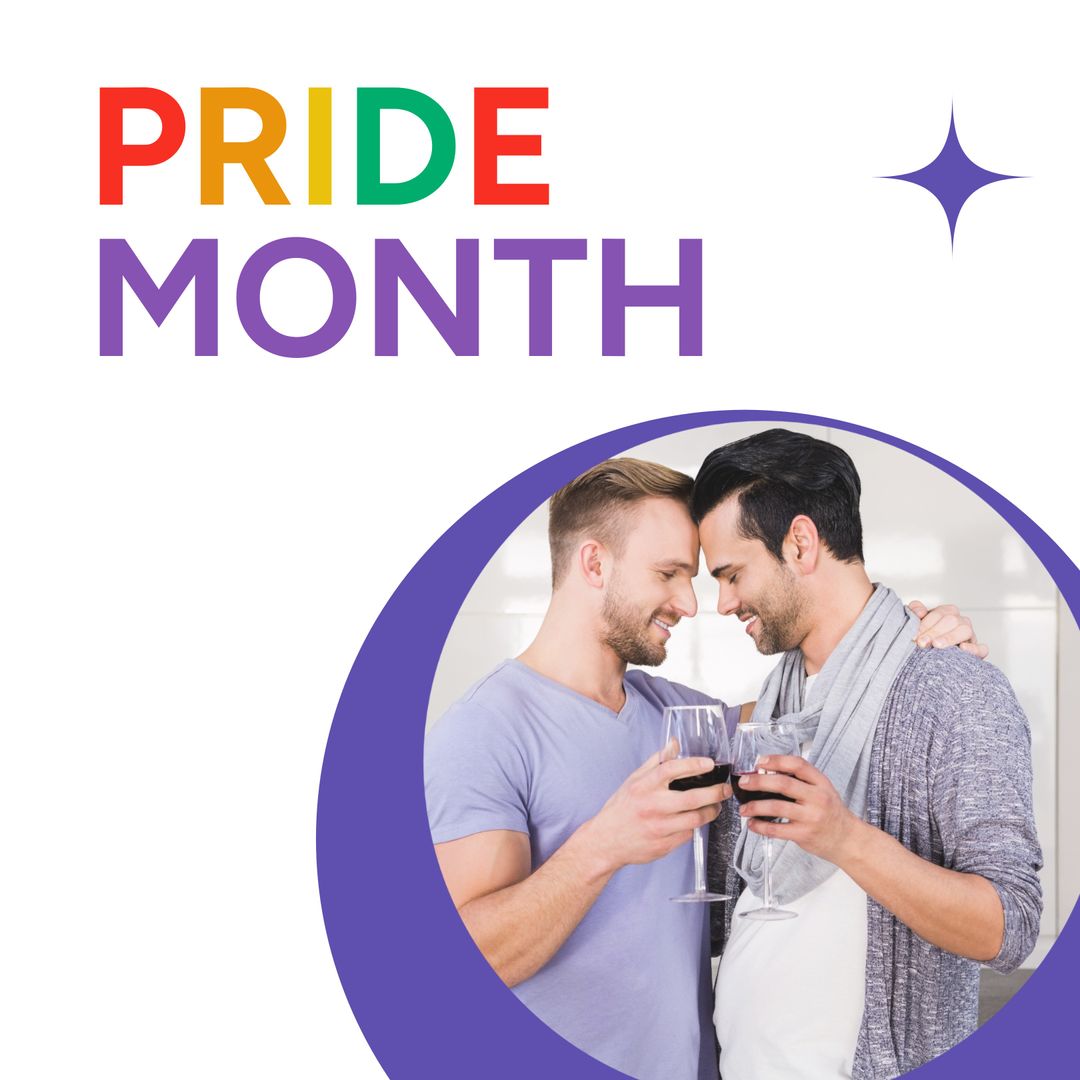 Happy Caucasian Gay Couple Celebrating Pride Month with Wine from Pikwizard