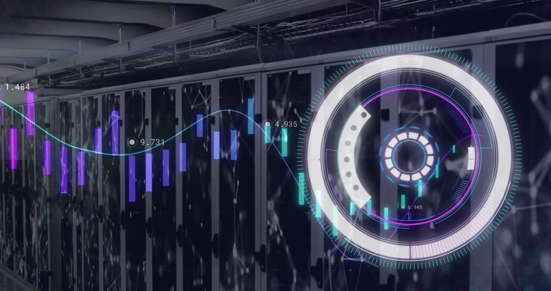 Digital Interface Over Server Room with Data Processing Graphics