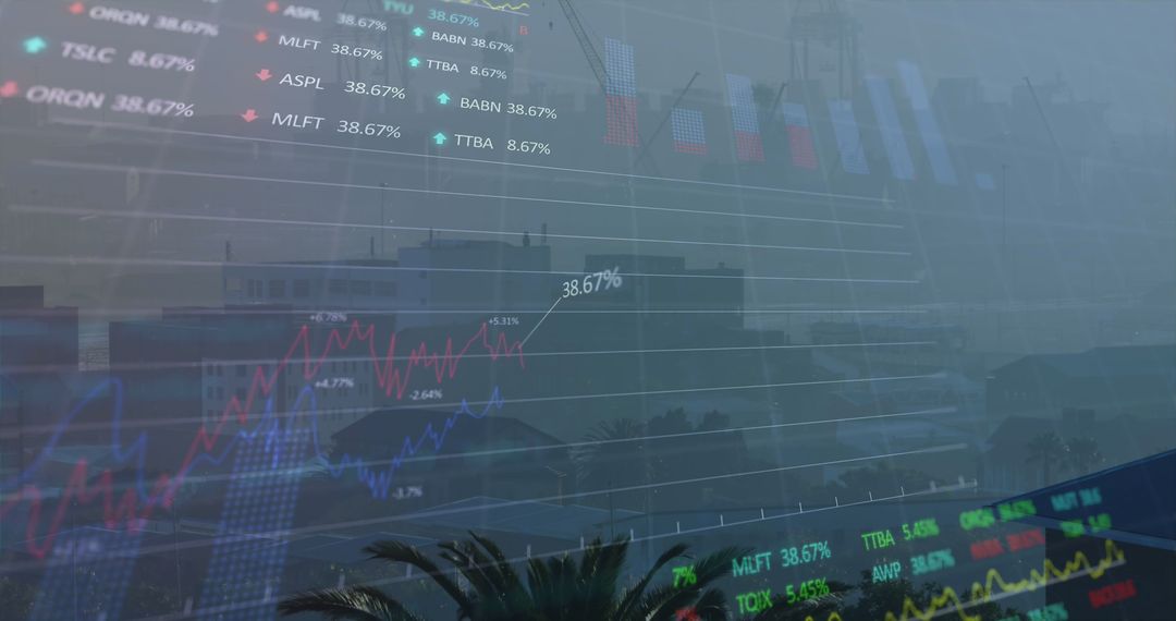 Financial Data Displayed Over Modern Cityscape