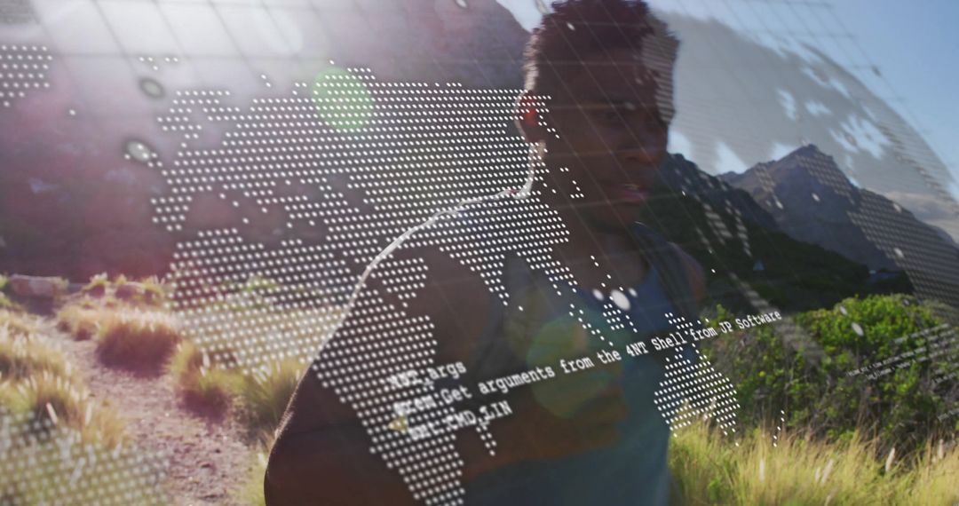 Hispanic Male Running on Mountain Trail with Global Technology Overlay