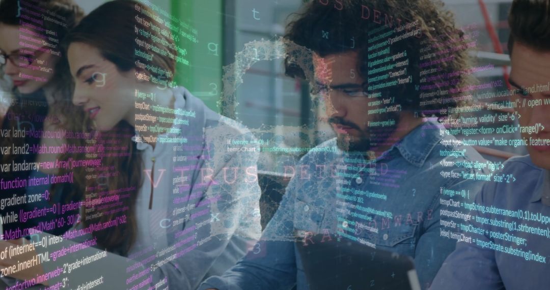 Team Analyzing Digital Data with Cybersecurity Visuals