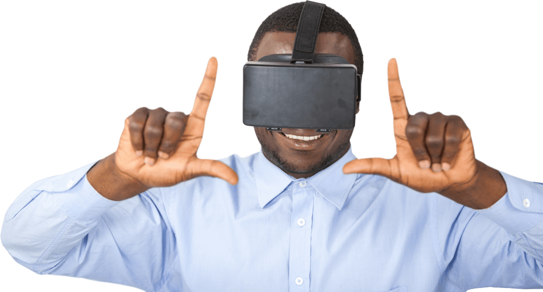 Enthusiastic Black Man Using Transparent Virtual Reality Headset