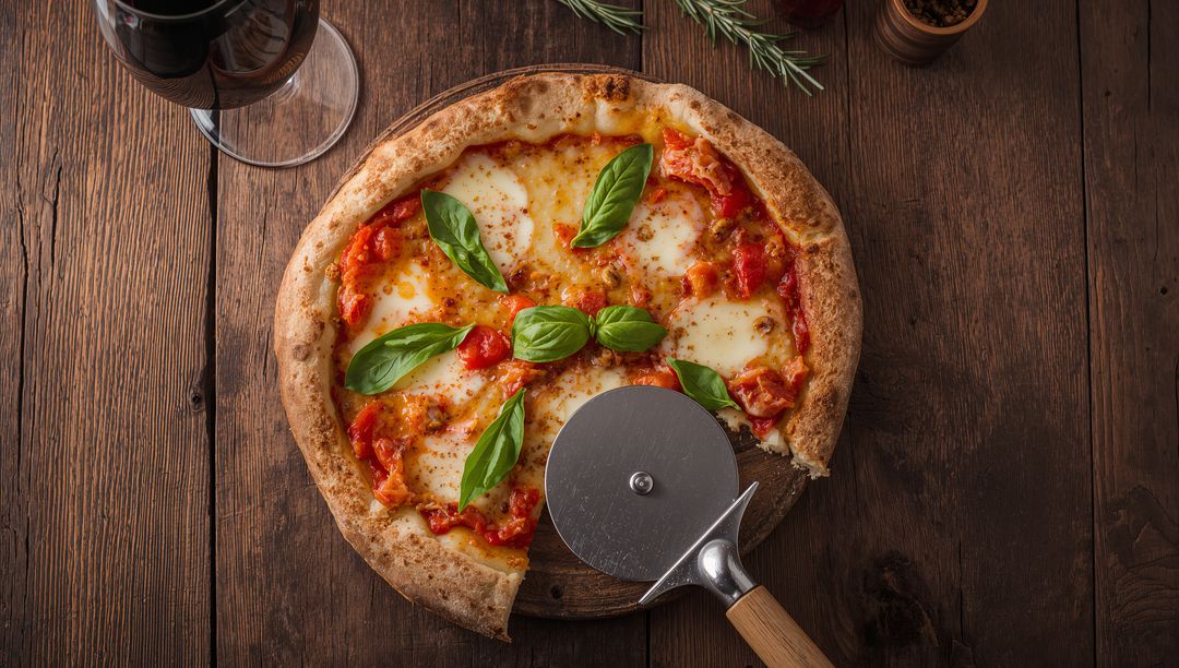 Fresh Margherita Pizza with Basil and Wine Glass on Rustic Table