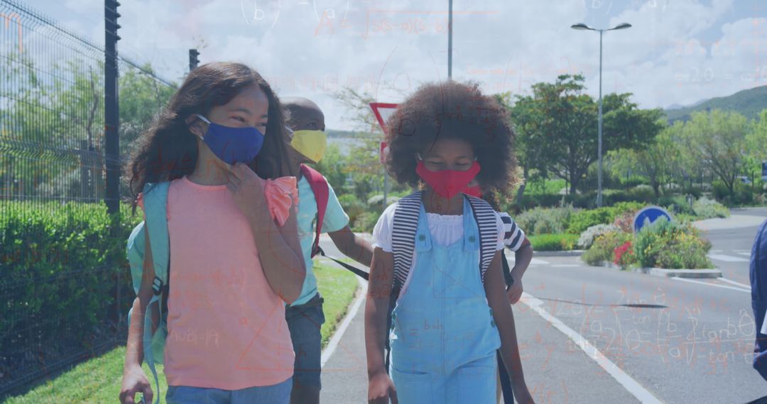 Children Wearing Masks with Overlaid Mathematical Equations