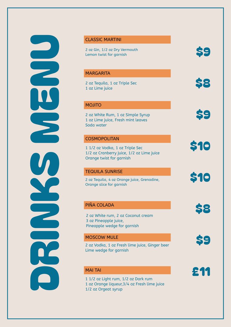 Modern Drinks Menu Template with Pricing and Ingredients List - Download Free Stock Templates Pikwizard.com