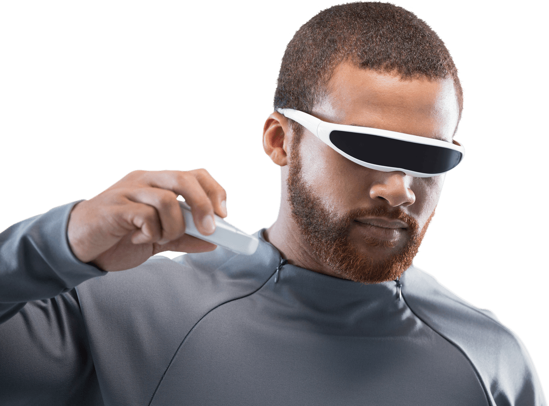 Man in Futuristic Outfit Using Innovative VR Glasses