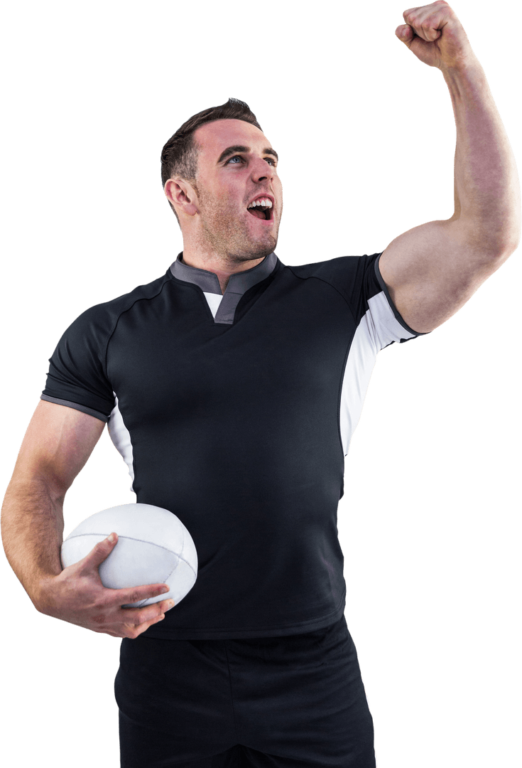 Rugby Player Cheering Victoriously with Ball Transparent Background