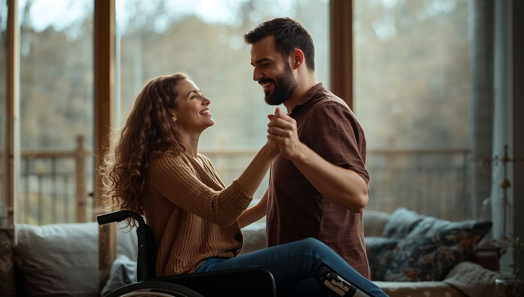 Romantic Couple Dancing by Window Embracing Joy