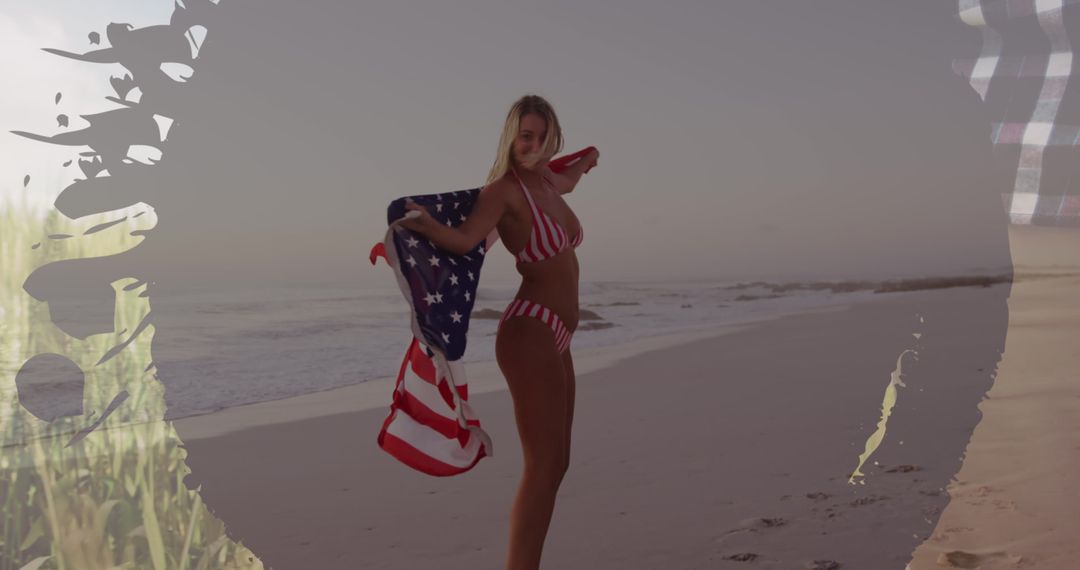 Joyful Woman Dancing with USA Flag on Beach at Sunset