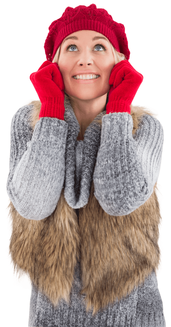 Blonde Woman in Cozy Winter Wear Smiling Joyfully on Transparent Background