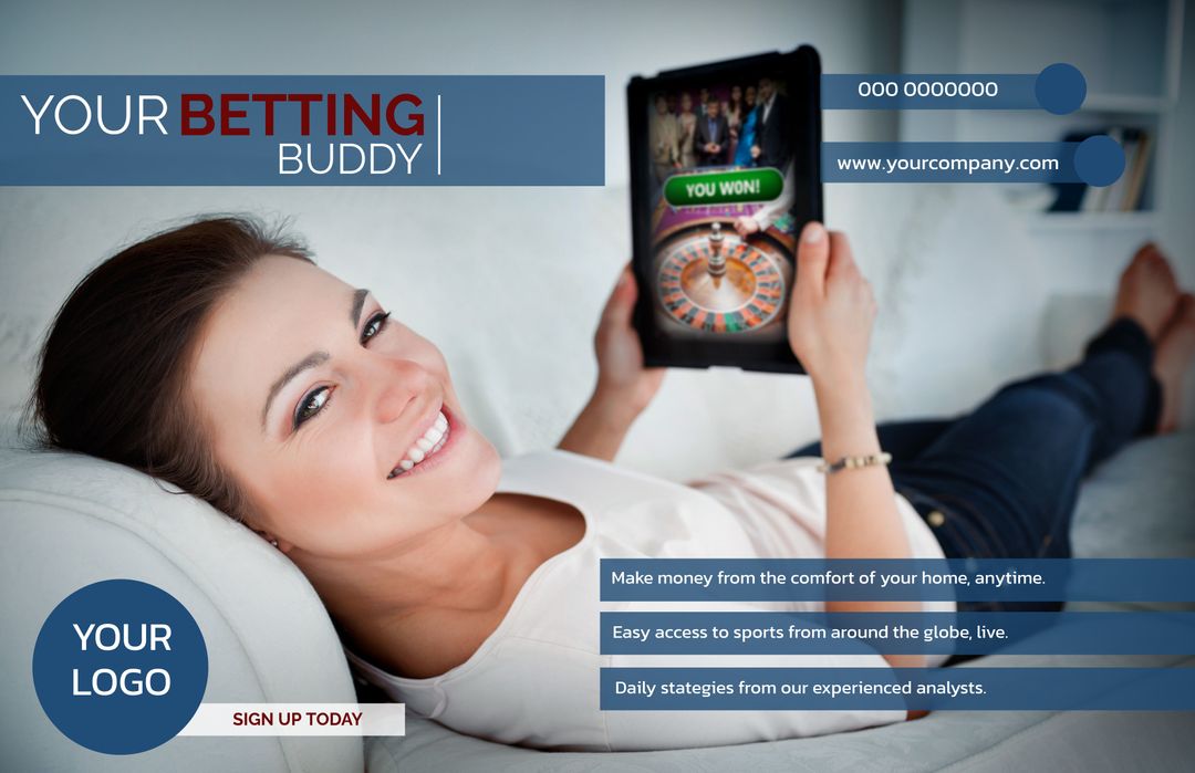 Happy Woman Using Betting App on Tablet for Easy Wins at Home - Download Free Stock Templates Pikwizard.com