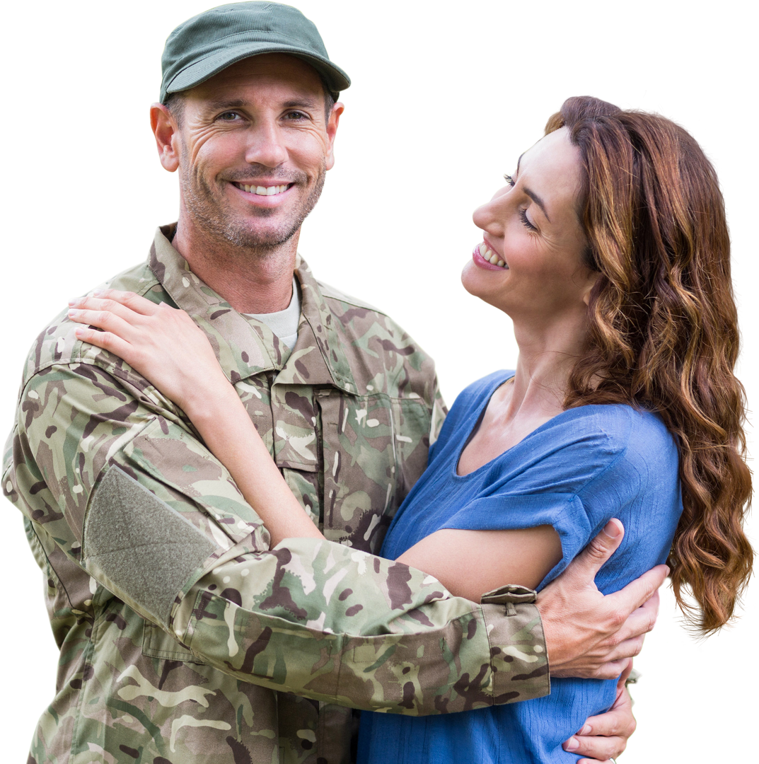 Muscular Army Man Hugging Loving Wife Embraced in Camouflage Uniform on Transparent Background - Download Free Stock Images Pikwizard.com