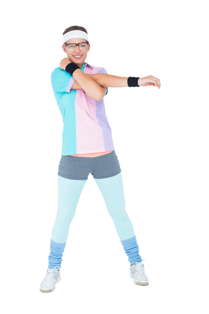 Trendy Enthusiast Stretching in Retro Sportswear on Transparent Background