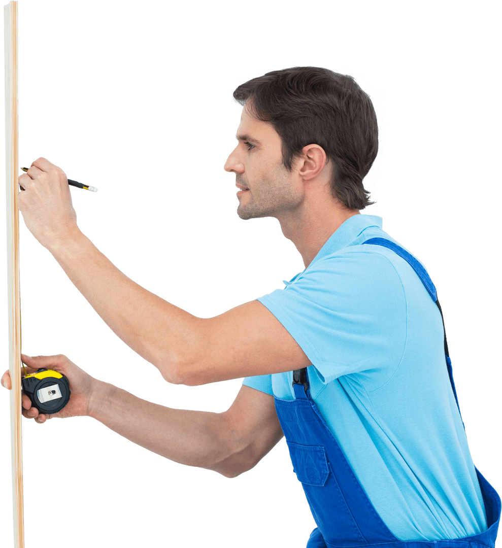 Carpenter Measuring and Marking Wood on Transparent Background