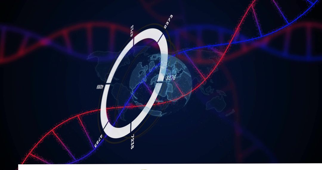Rotating Segmented Ring Circling Globe with Neon DNA Ribbons in Futuristic Holographic HUD