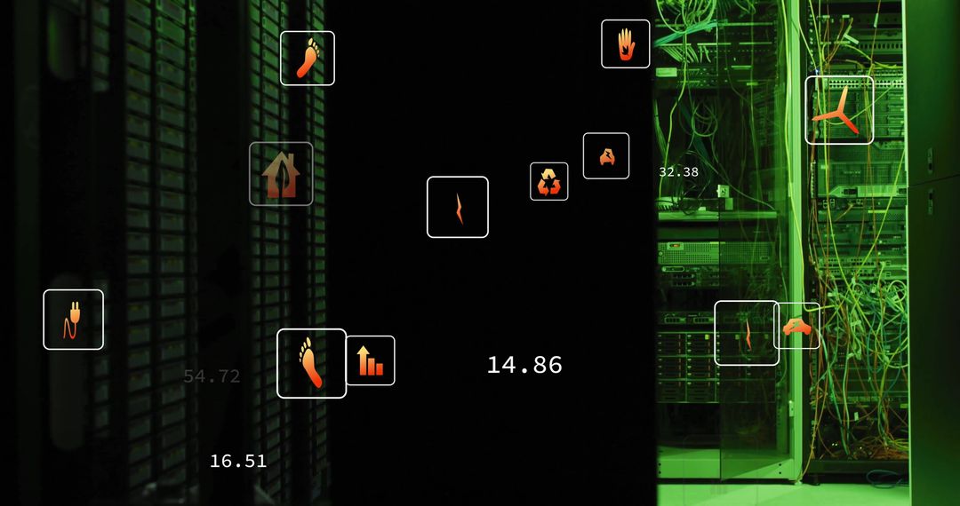Eco Icons and Digital Data on Server Racks