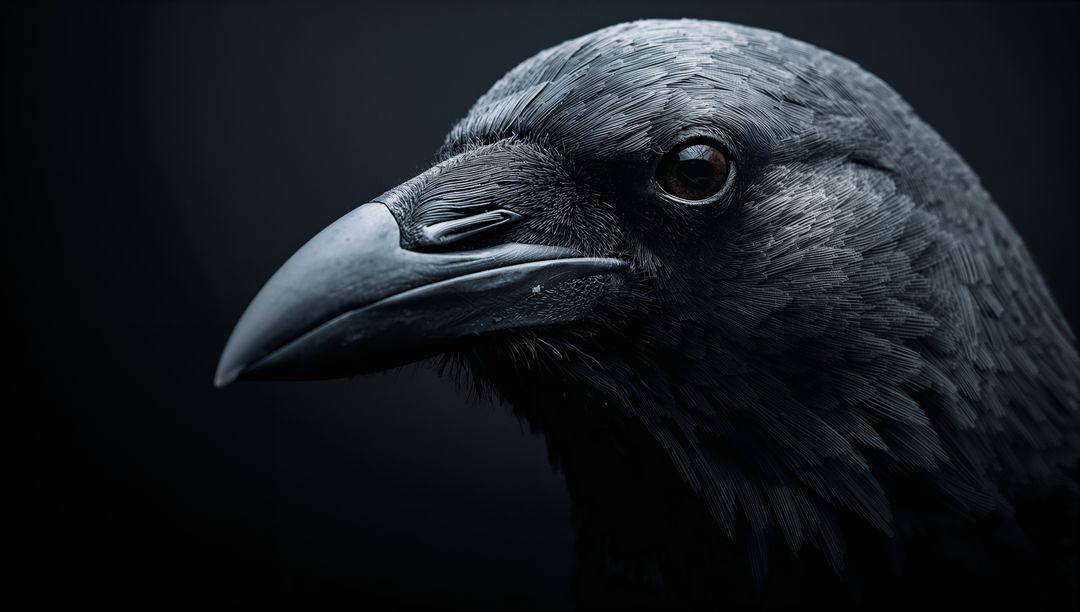 Close-Up of Raven Head with Detailed Feather Texture in Monochrome