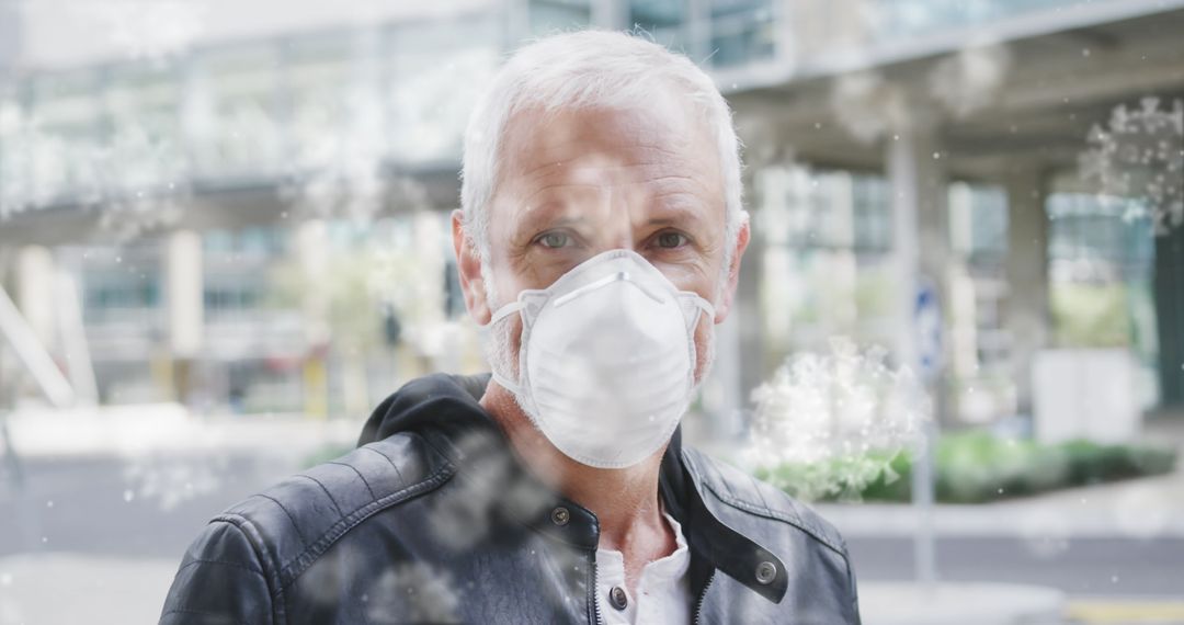 Mature Man Wearing Mask Outdoors with Airborne Particles