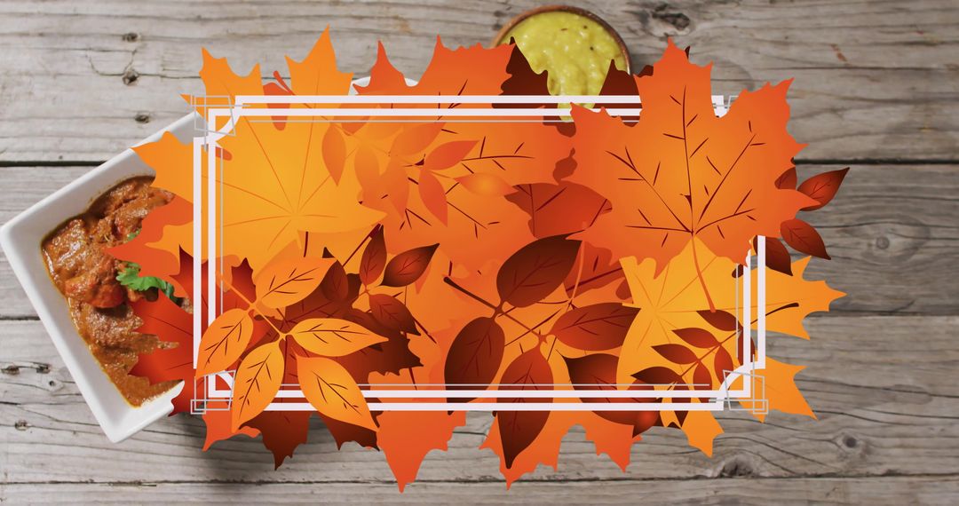 Autumn Leaves Frame with Gourmet Dips on Rustic Wooden Table