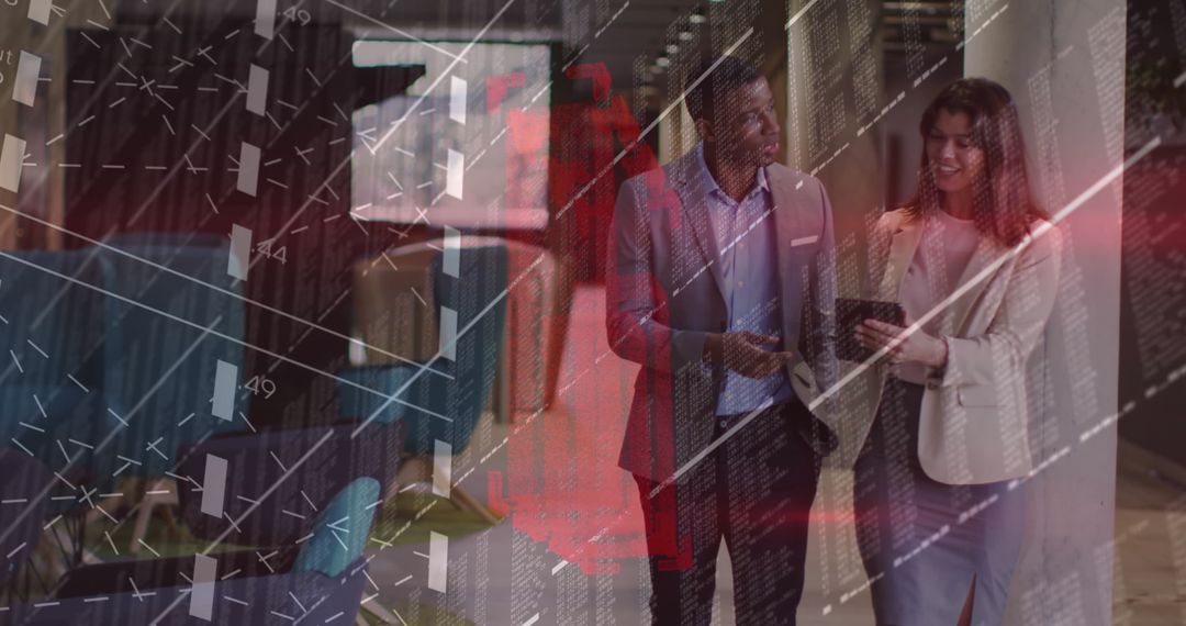 Diverse Business People Collaborating with Digital Financial Data Overlay