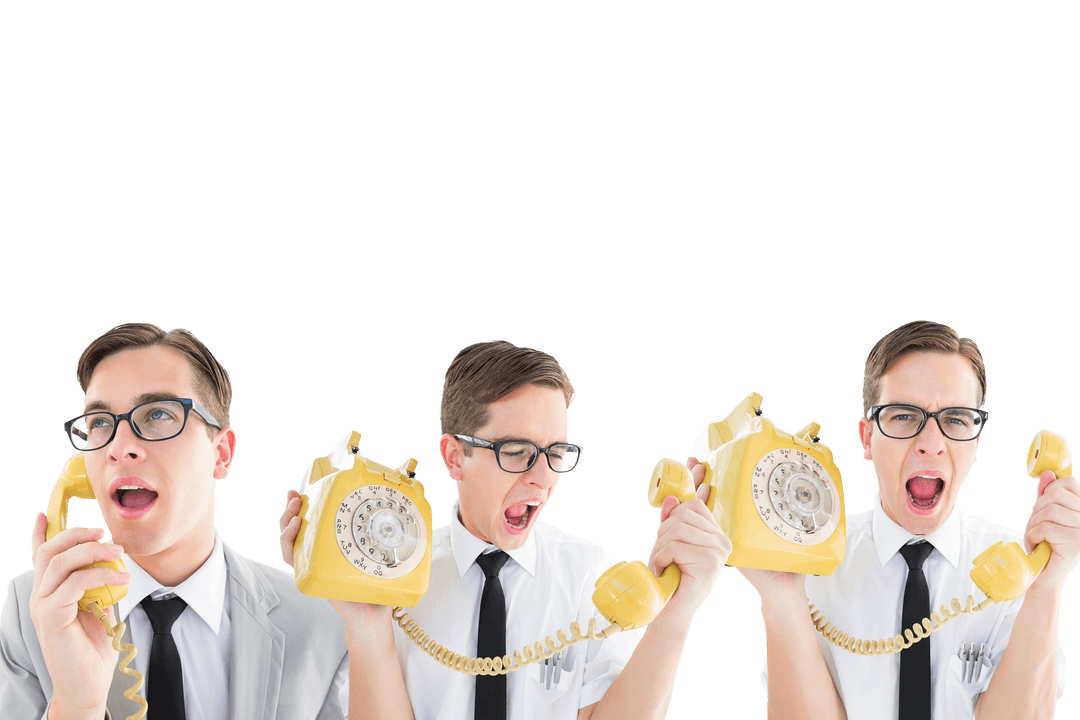 Transparent Duplicate Businessman Expressing Stress with Vintage Phone