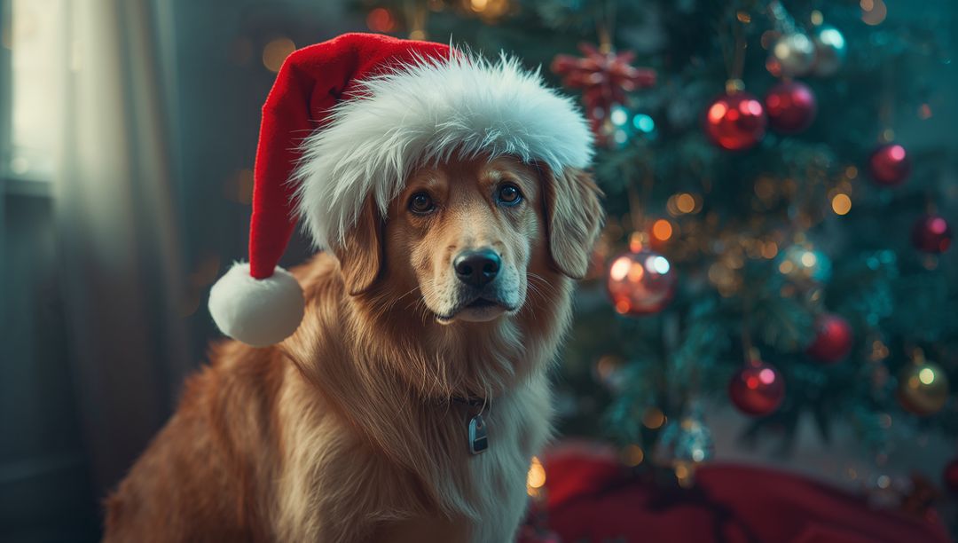 Golden Retriever in Santa Hat by Christmas Tree