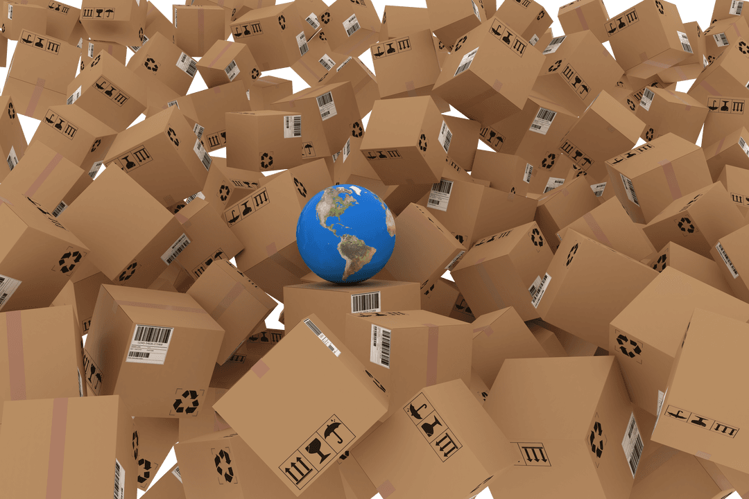 Transparent Globe Surrounded by Cardboard Boxes Illustrating Global Shipping