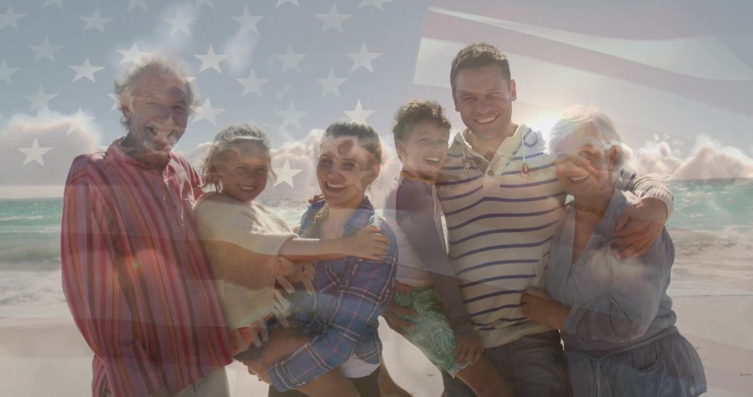 Multi-Generational Family Bonding on Beach with Patriotic Touch