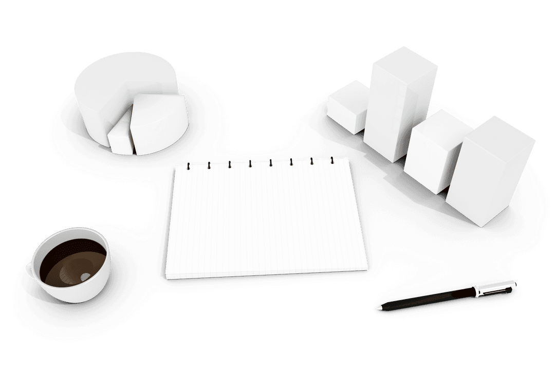 Office Supplies with Chart and Coffee on Transparent Background