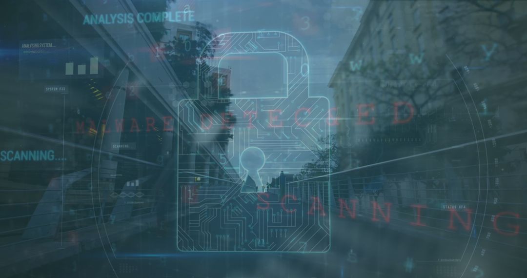 Digital Security Interface Overlay on Urban Background