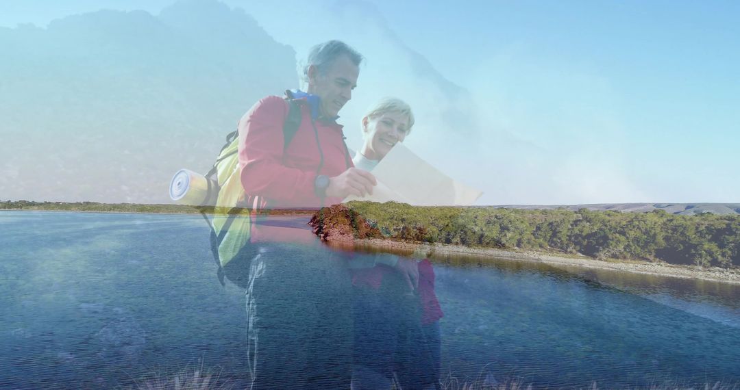 Couple Consulting Map at Scenic Lakeshore on Adventure Trip