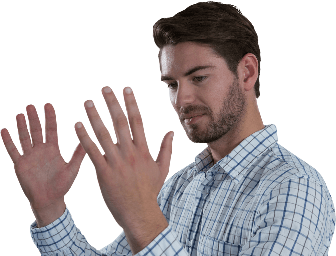 Transparent Background Caucasian Man with Hands Raised Contemplating