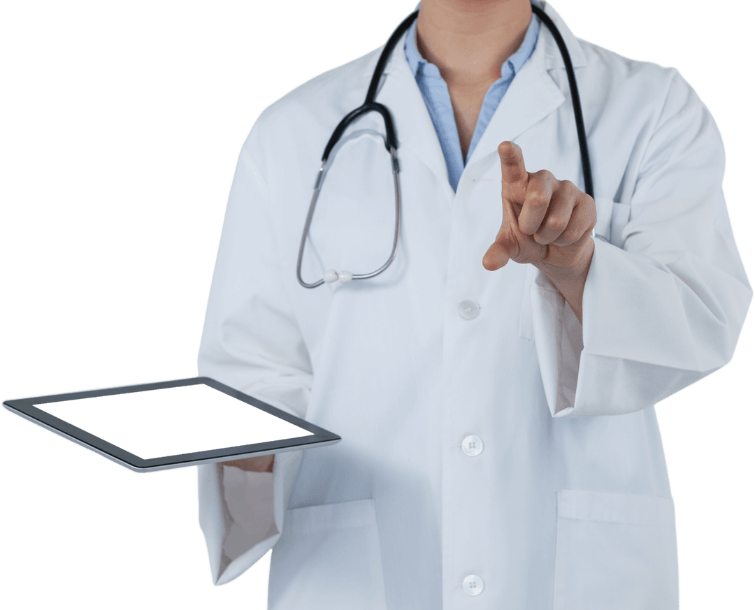 Transparent Female Doctor Interacting with Digital Tablet Interface