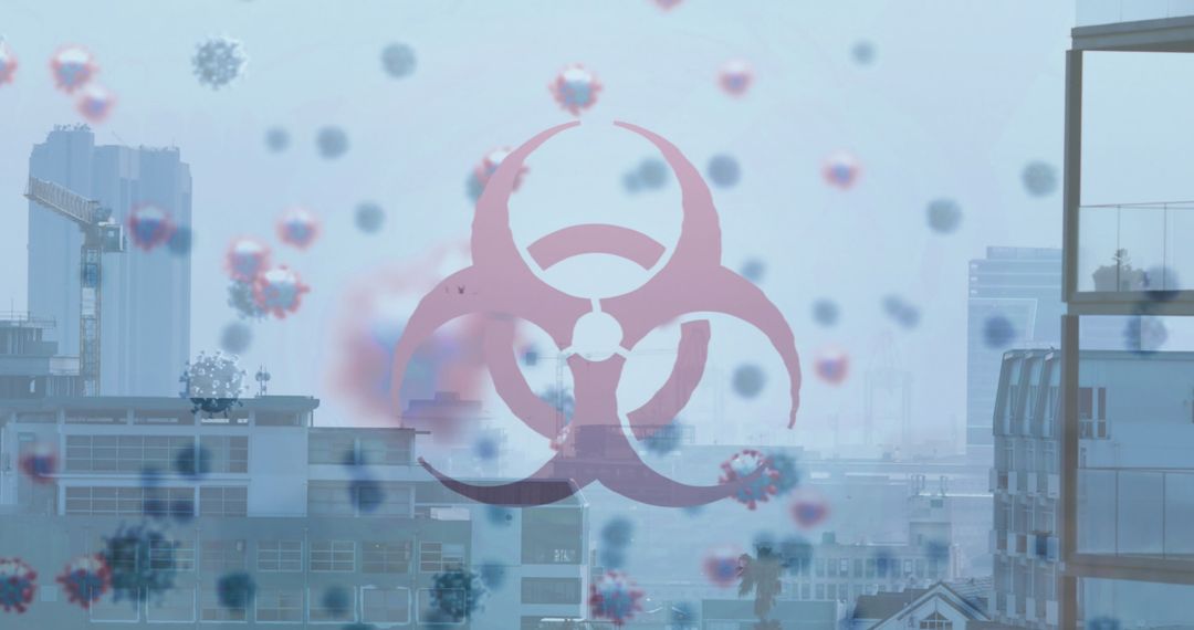 Biohazard Symbol Over Urban Cityscape with Virus Particles