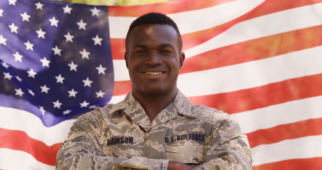 Proud U.S. Air Force Officer in Front of American Flag - Free Images, Stock Photos and Pictures on Pikwizard.com