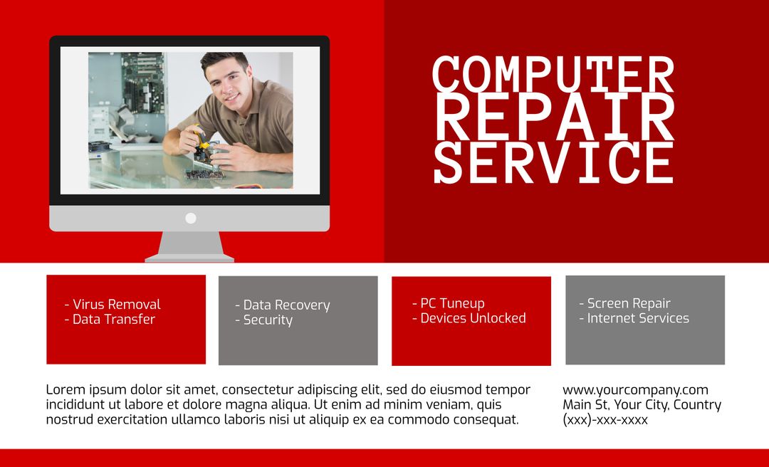 Professional computer repair service flyer with technician