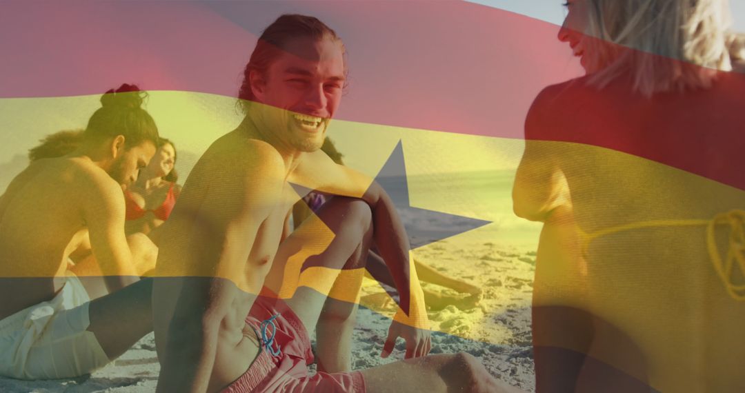 Friends Enjoying Beach Day with Ghana Flag Overlay