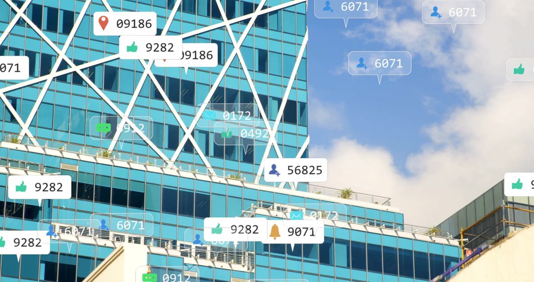 Social Media Engagment Icons Over Glass Skyscraper