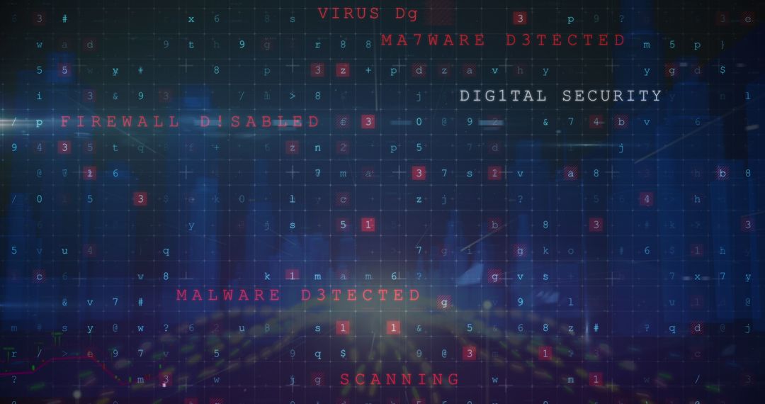 Cybersecurity Concept with Digital Warning Text Over Blue Cityscape