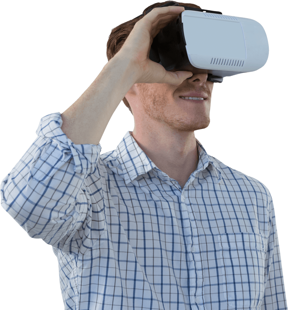 Caucasian Man Immersed in Virtual Reality With Transparent Background