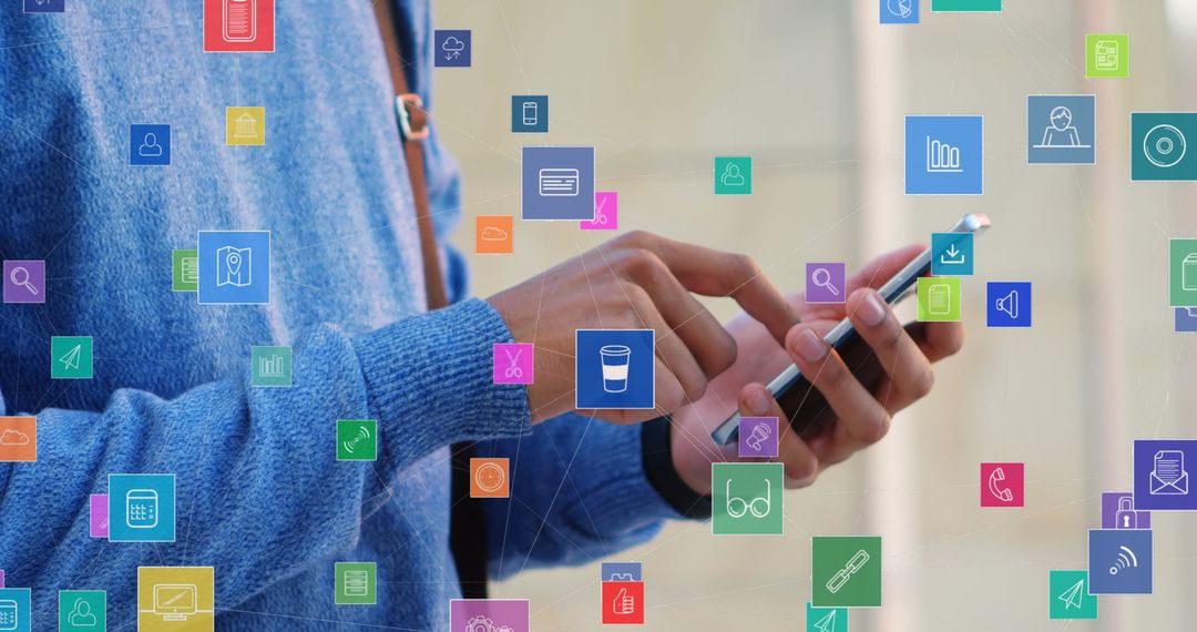 Man Using Smartphone with Digital Networking Icons Overlay